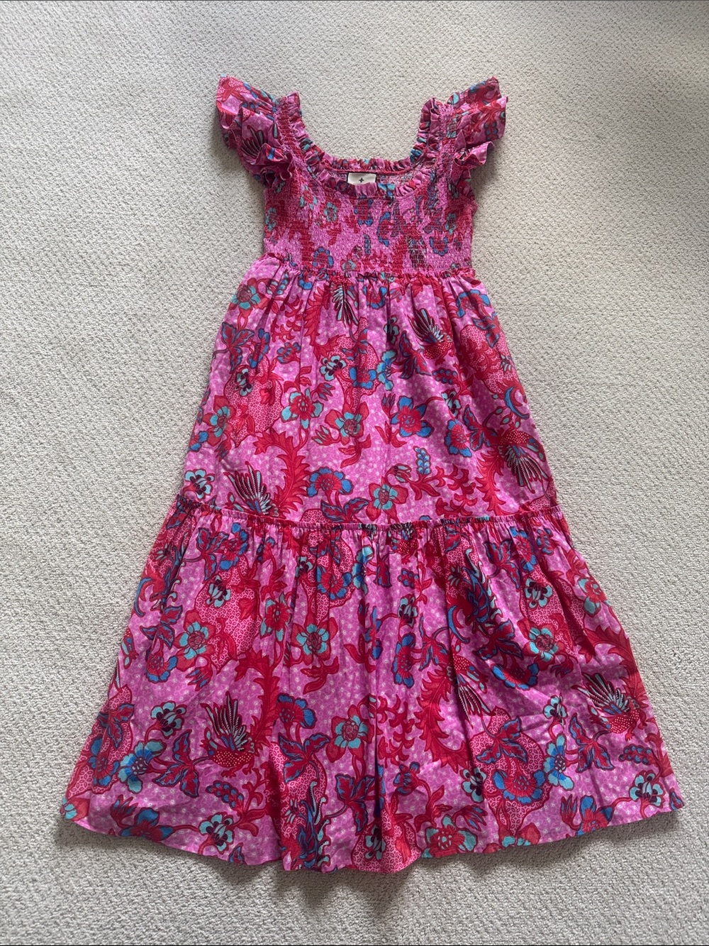 Tuckernuck Pink Floral Smocked Maxi Dress with Teal Accents
